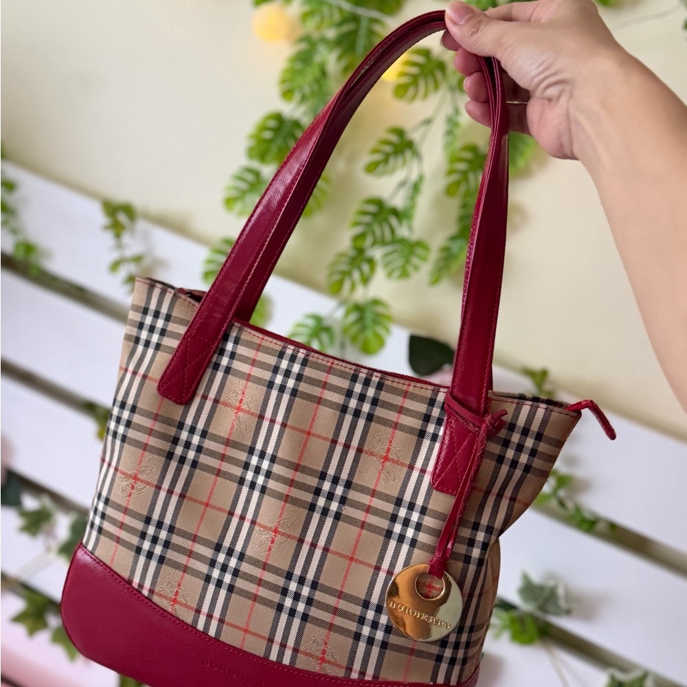 Classic Plaid Tote Bag with Red Leather Trim